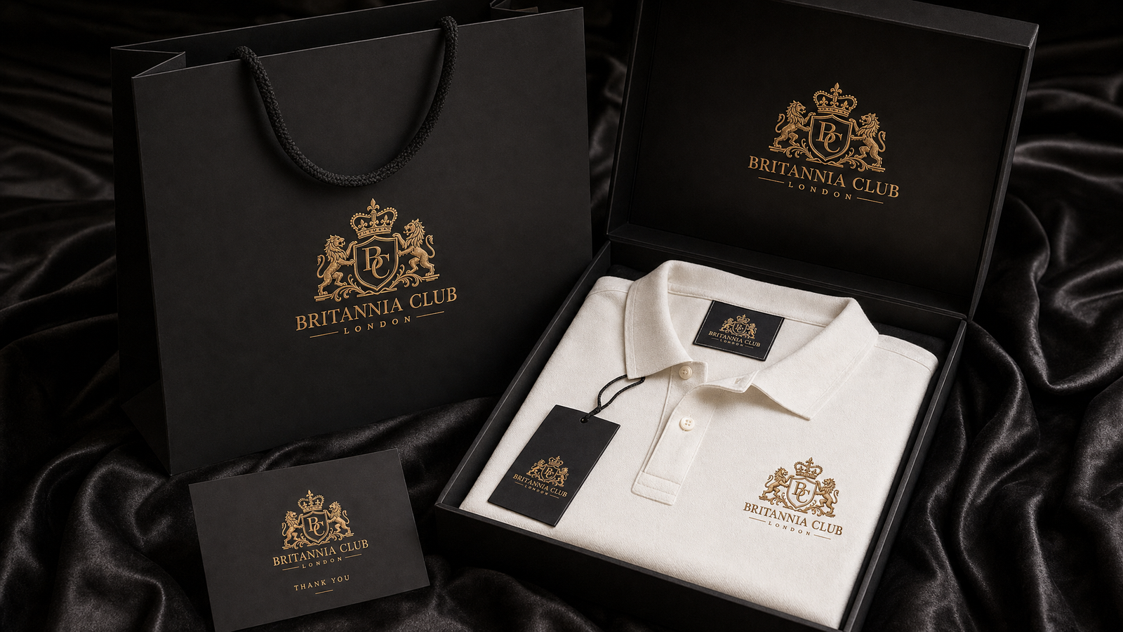 Britannia Club presentation box, garment bag and gift card