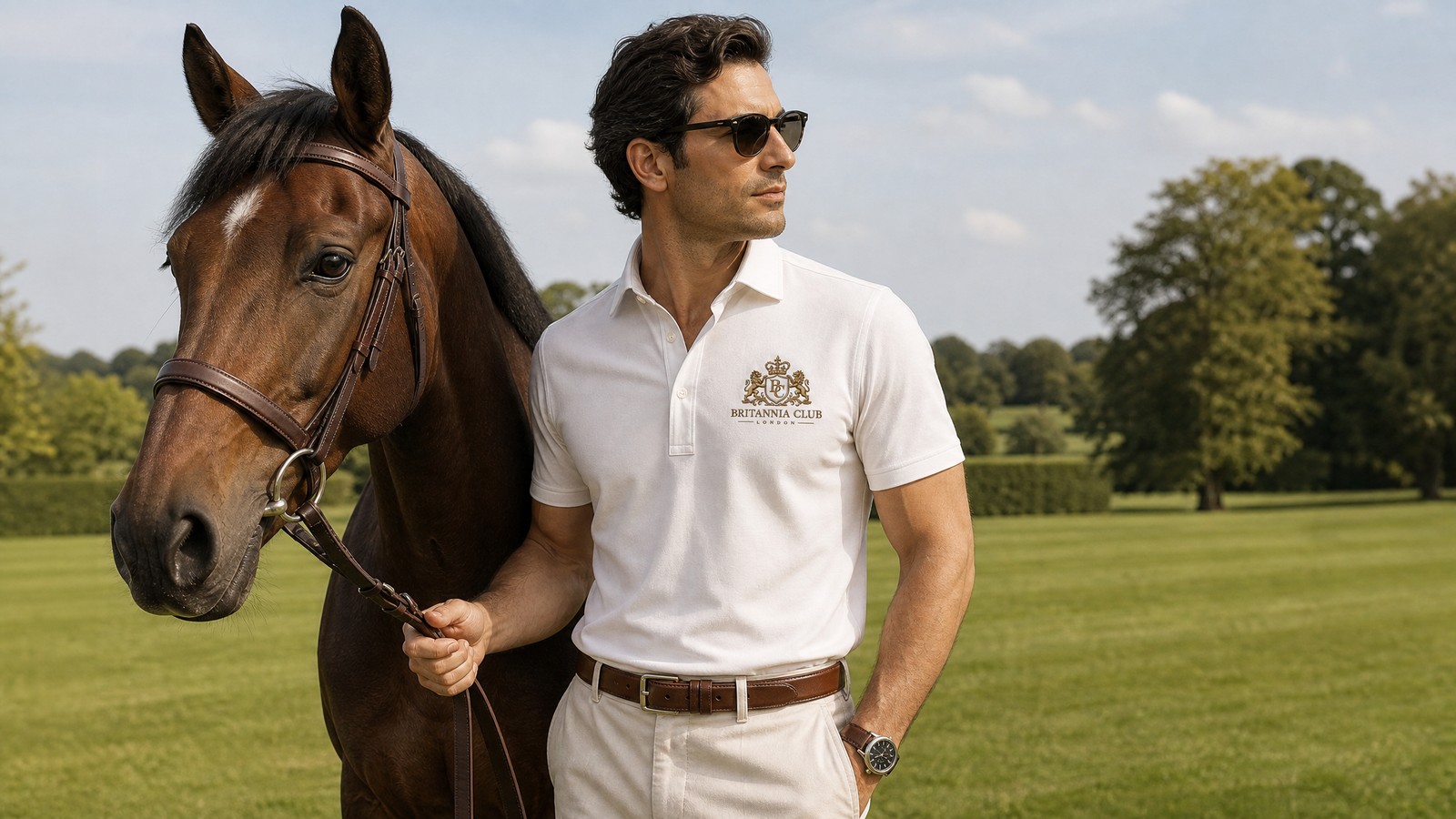 Britannia Club Ivory half-sleeve polo beside a horse